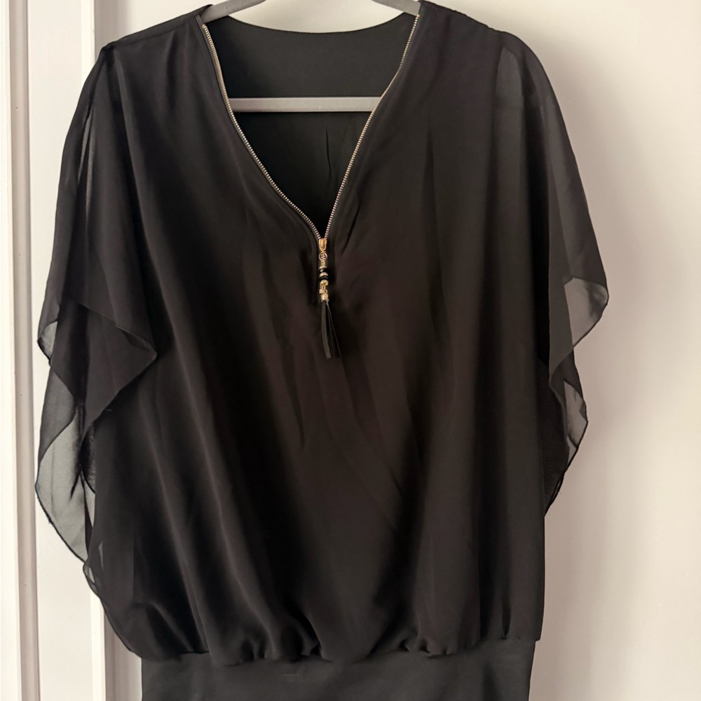 Black Chiffon V-Neck Blouse with Zip Detail